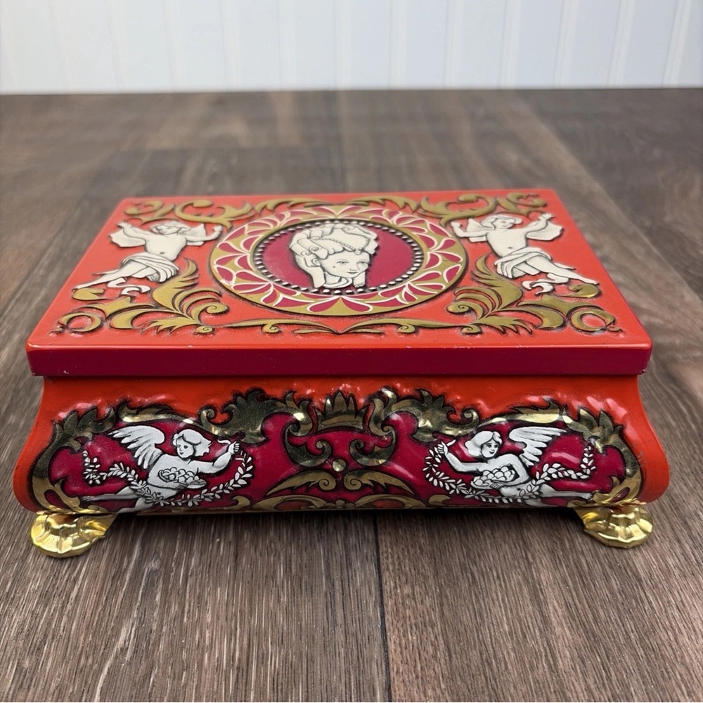 Vtg Western Germany Mavis Footed Tin Fricke & Nacke Red Orange Tea Trinket Box
